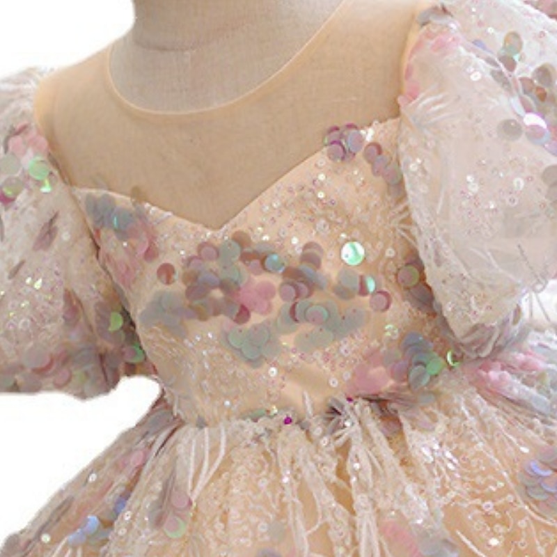 Kids Girls' Party Dress Solid Color Short Sleeve Performance Wedding Mesh Puff Sleeve Princess Sweet Mesh Mid-Calf Sheath Dress Tulle Dress Flower Girl's Dress Summer Spring Fall 2-12 Years Pink3