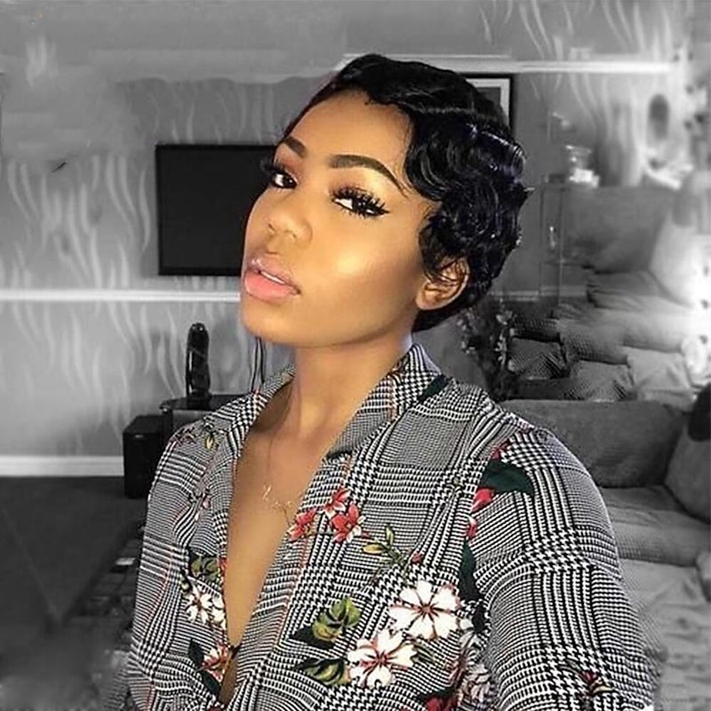 Brazilian Short Pixie Cut Human Hair Wigs Finger Waves Hairstyles For Black Women Full Machine Made Wigs Short Wigs