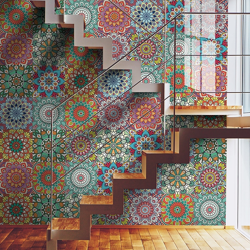 12/48pcs Mandala Style Tile Stickers, Decorative Waterproof Tile Stickers,Peel and Stick Vinyl Self-Adhesive Wall Decals ,for Kitchen Bathroom Living Room Furniture and Wall Decor
