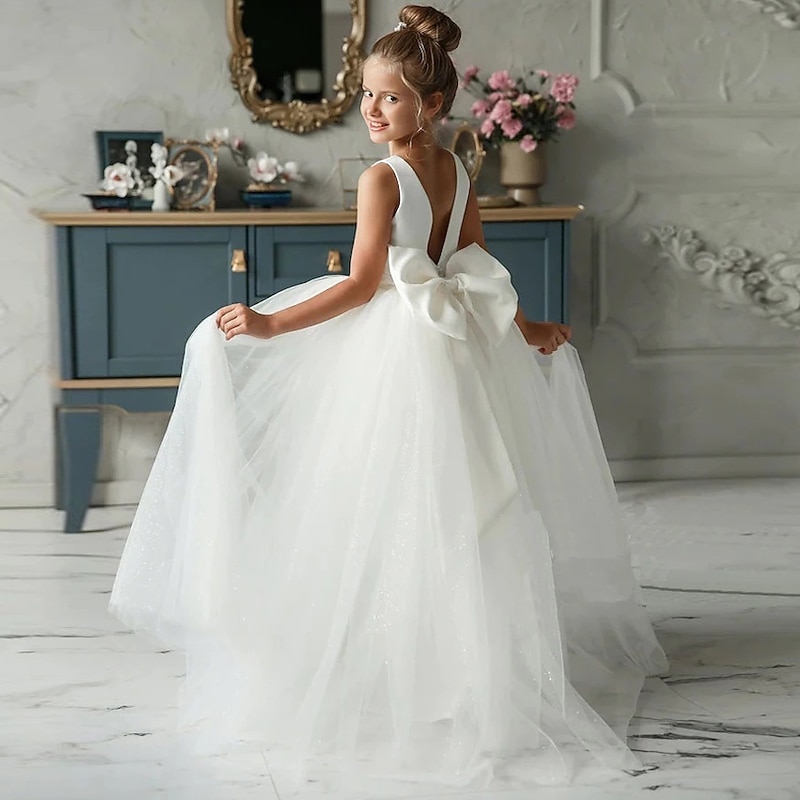 Kids Girls' Dress Solid Colored Sleeveless Performance Wedding Party Mesh Backless Bow Elegant Princess Sweet Cotton Tulle Asymmetrical A Line Dress Summer Spring Fall 3-12 Years White