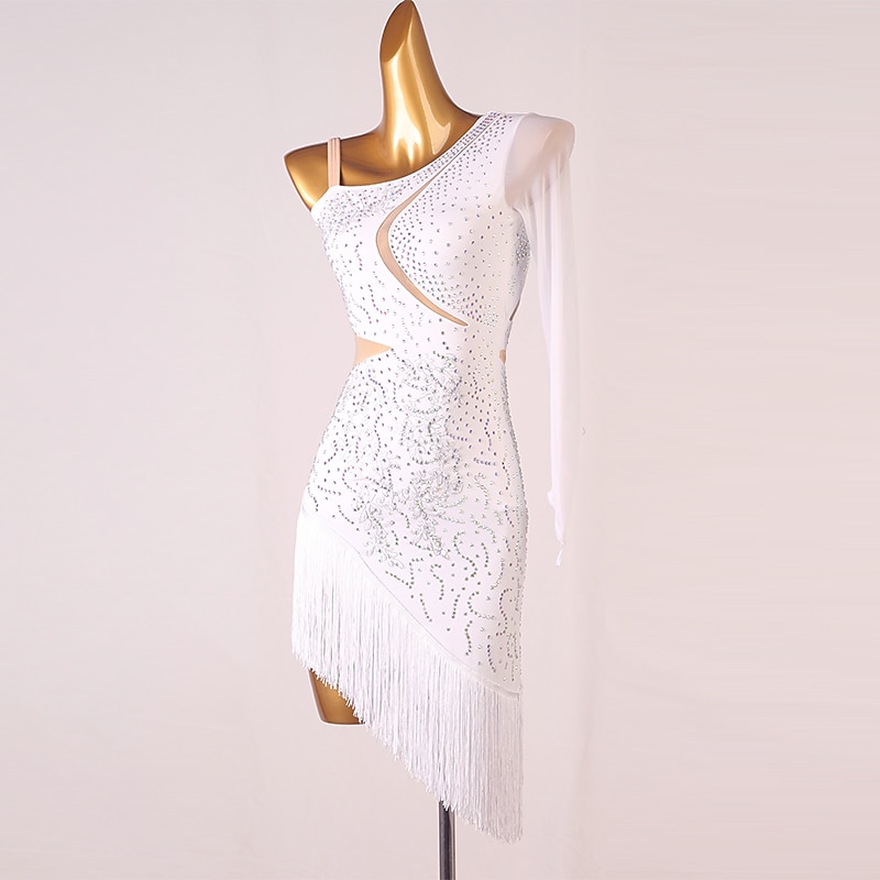 Dance Salsa Latin Dance Dress Fringed Tassel Split Joint Crystals / Rhinestones Women's Performance Training Long Sleeve Chinlon Mesh4