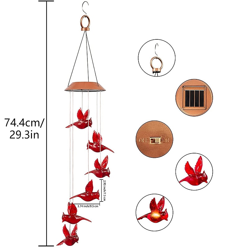 Solar Cardinal Red Bird Wind Chime LED Lights Spinners Spiral String Hanging Outdoor Garden Home Wall Decorations Red4
