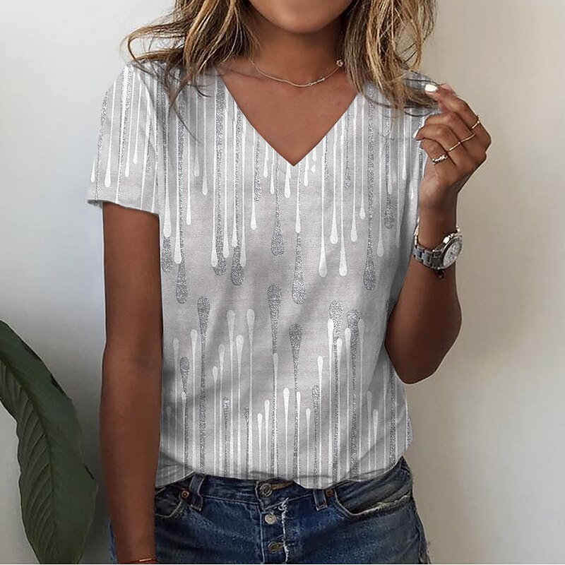 Women's T Shirt Striped Basic Classic Print Short Sleeve V Neck Regular Tops Casual Holiday Weekend Print White Gray Summer Spring2