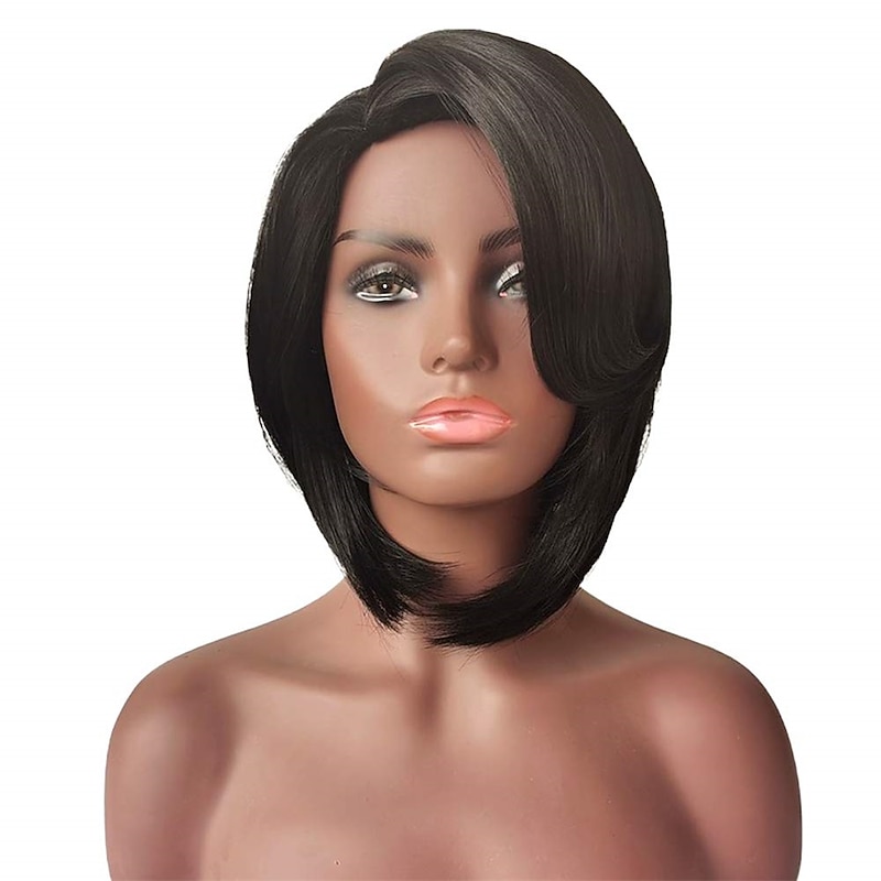 Short Cut Bob Synthetic Wigs for Women Heat Resistant Costume African American Wigs with Side Bangs Natural Black Full Wigs Look Real2