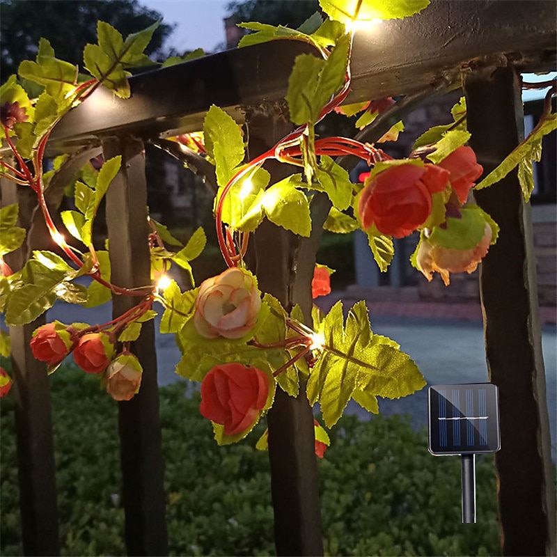 Solar Ivy Leaf Rose Leaf String Lights Outdoor LED Hanging Lights Artificial for Valentines Yard Fence Garden Wall Hanging Decoration Lighting Waterproof Light4