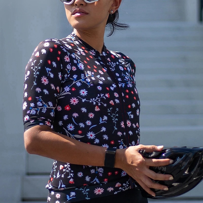 Women's Cycling Jersey Floral Botanical Short Sleeve Bike Jersey Top with 3 Rear Pockets Mountain Bike MTB Road Bike Cycling Quick Dry Reflective Strips Back Pocket Moisture Wicking Sports Black2