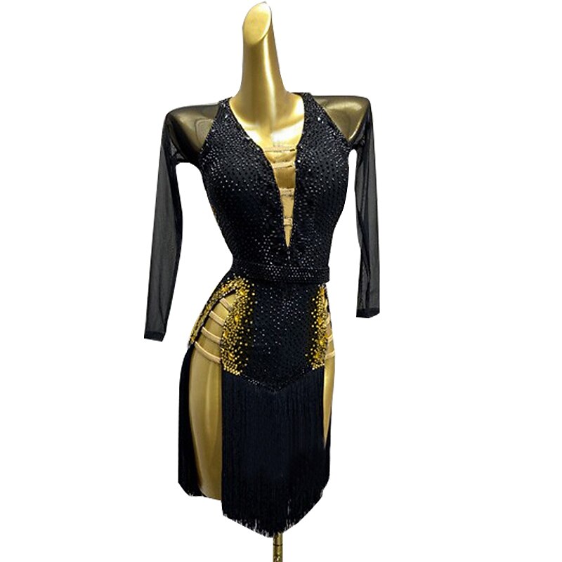 Latin Dance Latin Salsa Dance Dress Rhinestone Sashes / Ribbons Women's Girls' Performance Training Long Sleeve High Mesh Spandex