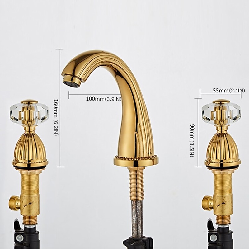 Widespread Bathroom Sink Mixer Faucet, 3 Holes 2 Handle Basin Tap, Retro Style Crystal Handle Brass Bathroom Sink Faucet Contain with Supply Lines and Hot Cold Water Hose Deck Mounted2