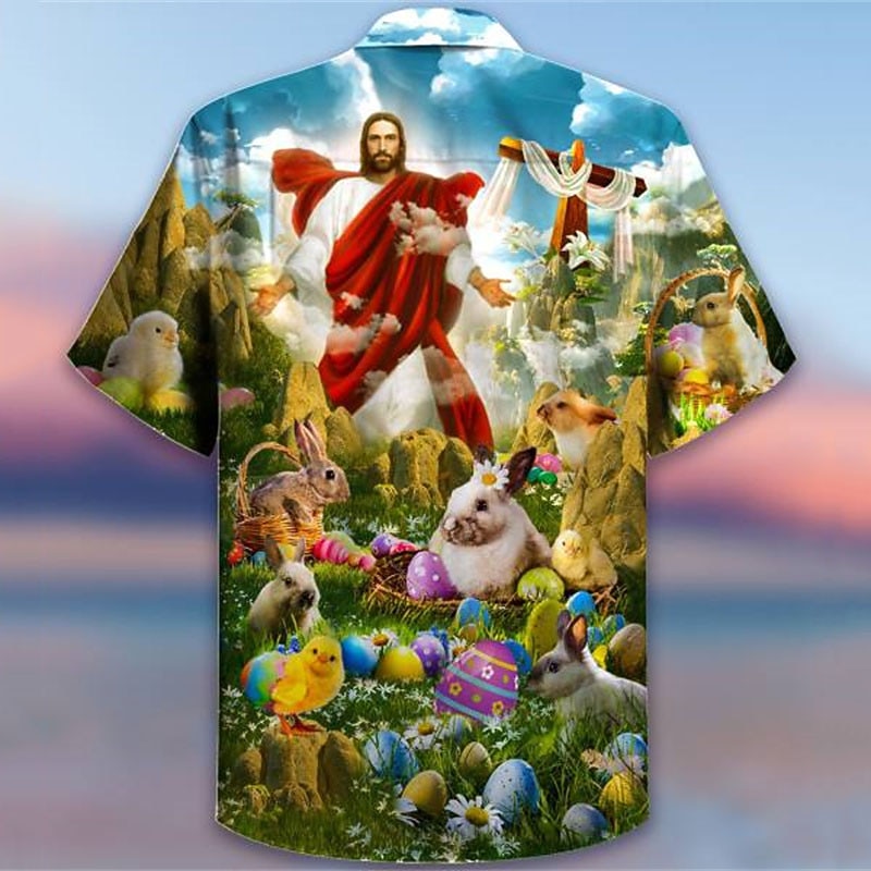 Men's Human Jesus Shirt Summer Hawaiian Shirt Button Up Shirt Fashion Designer Casual Outdoor Street Casual Summer Turndown 3D Button-Down Blue Green Rainbow Dark Gray2