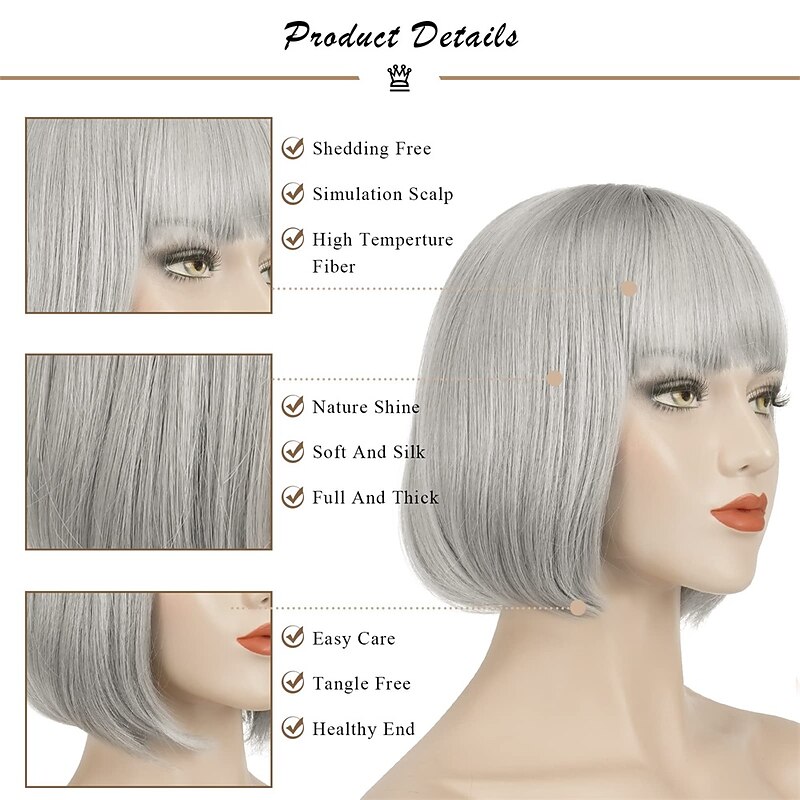 Short Straight Bob Wigs 11 inch Synthetic with Bangs Daily Party Cosplay Hair Wig for Black Women silver gray4