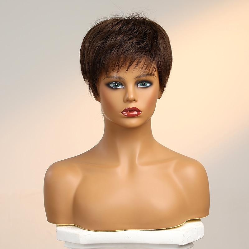 Human Hair Blend Wig Short Straight Natural Straight Pixie Cut Side Part Layered Haircut Asymmetrical Black White Green Cosplay Curler & straightener Natural Hairline Capless Burmese Hair Women's All2