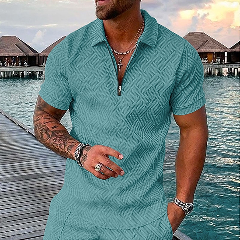 Men's Geometric Hawaiian Polo Shirts Golf Shirt Short Sleeve Polo Shirts Collared Shirts Casual Beach Wear Vacation Wear Party Outfits 3D Print Quarter Zip Polo White gray Black Light Green