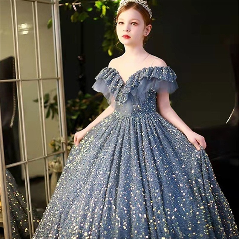 Kids Girls' Dress Sequin Swing Dress Wedding Special Occasion Sequins Ruched Mesh Dusty Blue Maxi Short Sleeve Princess Cute Dresses3