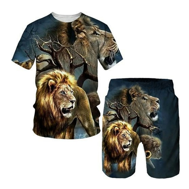 Boys 3D Animal Lion T-shirt & Shorts Clothing Set Short Sleeve Summer Spring Sports Fashion Cool Kids 3-13 Years Outdoor Vacation Street Regular Fit
