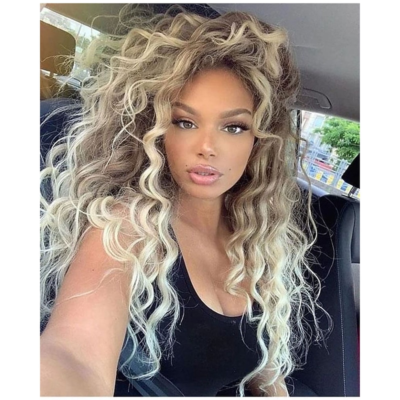Woman Curly Wig Fluffy Long Synthetic Wavy Hair Blonde Ombre Hair Curly Wavy Wigs Charming Party Wigs for Women Christmas Party Wigs barbiecore Wigs