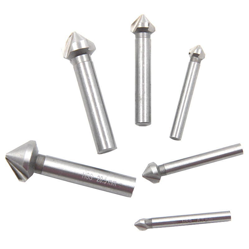 Round Shank 6pcs/Set 3 Flute HSS Hard Metals Three Edge Chamfer Chamfering End Mill Cutter Bit Countersink Drill Bit4