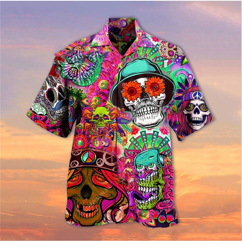 Men's Skull Shirt Summer Hawaiian Shirt Camp Collar Shirt Short Sleeve Shirt Turndown Hawaiian Designer Casual Outdoor Street Casual Red Blue Purple 3D Print S M L