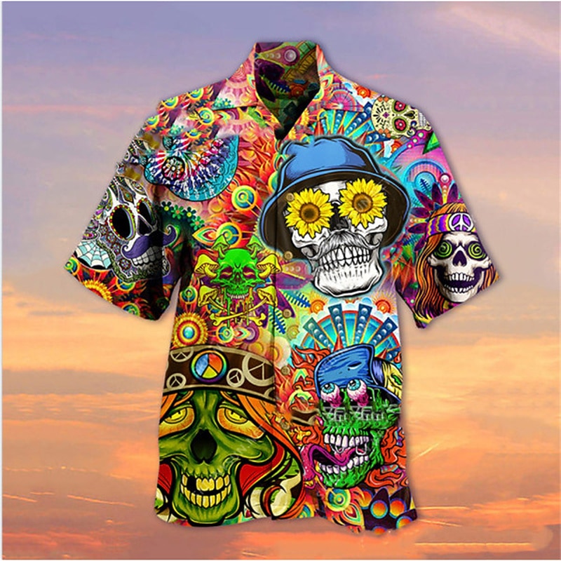 Men's Skull Shirt Summer Hawaiian Shirt Camp Collar Shirt Short Sleeve Shirt Turndown Hawaiian Designer Casual Outdoor Street Casual Red Blue Purple 3D Print S M L3