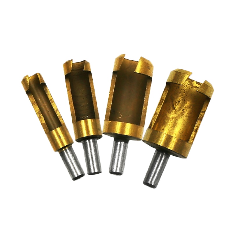 4pcs 6.3mm Titanium Plating Round Shank Carbon Steel Wood Plug Cutter 6mm8mm13mm16mm Woodworker Wood Drilling Plug Hole Cutters Drill Bit