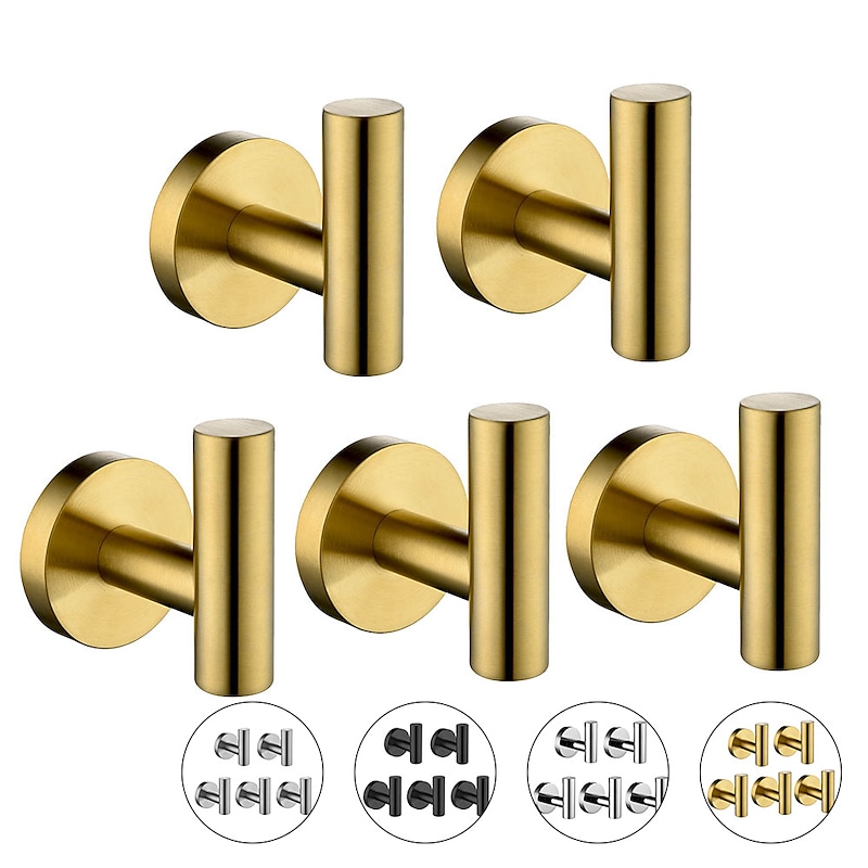 5pcs Wall Hooks for Coats,Stainless Steel Robe Hooks,Wall Mounted Coat Hooks For Bathroom,Bedroom,Kitchen(Black/Chrome/Brushen Nickel/Golden) - Main Image