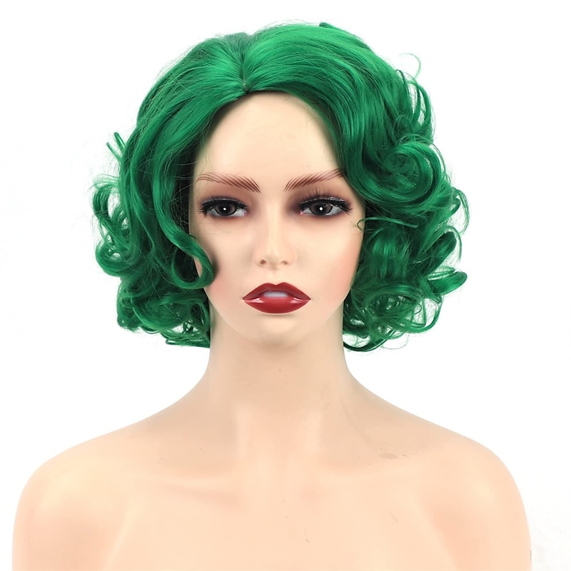 Short Green Big Curly Wavy Layered Wigs for Women Cosplay Party  Synthetic Fiber Hair  Wigs  Halloween Wigs St.Patrick's Day Wigs