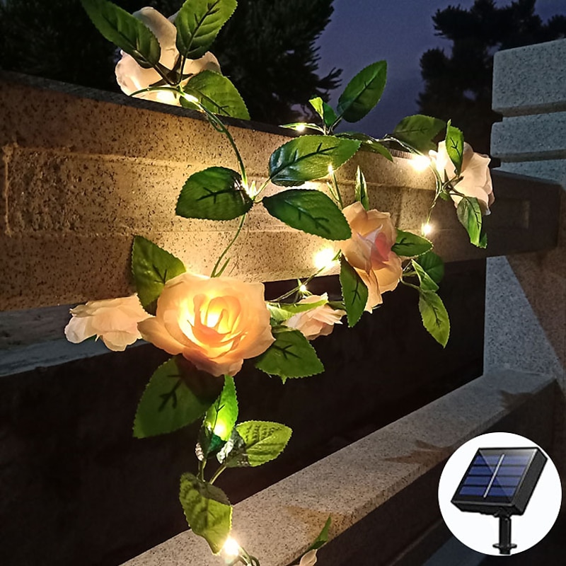 Solar Sunflower Rose LED Fairy String Lights Leaf Rattan Garland Outdoor Lights Waterproof 2.5m 30leds Valentines Wedding Party Holiday Garden Patio Home Indoor Outdoor Decoration3