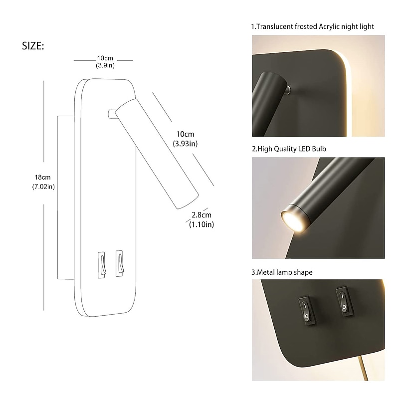 9W Modern LED Wall Sconce Indoor Wall Light LED Reading Spotlight with Switch 350 Swivel 2 in 1 5W Wall Spotlight LED Wall Lamp for Bedroom Bedside Living Room Study Room2