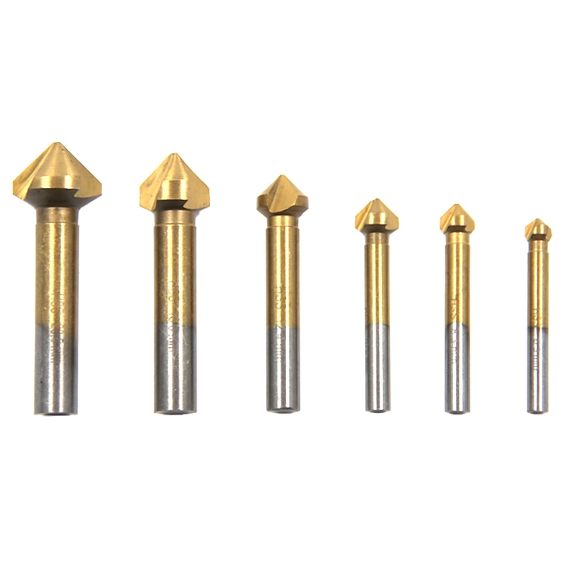 Round Shank 6pcs/Set 3 Flute HSS Hard Metals Three Edge Chamfer Chamfering End Mill Cutter Bit Countersink Drill Bit Iron Box Packaging3
