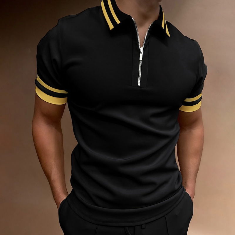 Men's Polo Shirt Quarter Zip Polo Going out golf shirts Turndown Quarter Zip Short Sleeve Sports Designer Vintage Patchwork Zipper Spring & Summer Slim Black Navy Blue Dark Green Polo Shirt - Main Image