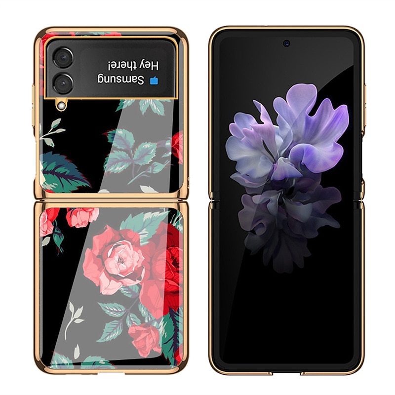 Phone Case For Samsung Galaxy Z Flip 5 Z Flip 4 Z Flip 3 Back Cover Flip Fashion Camera Lens Protector Flower Tempered Glass