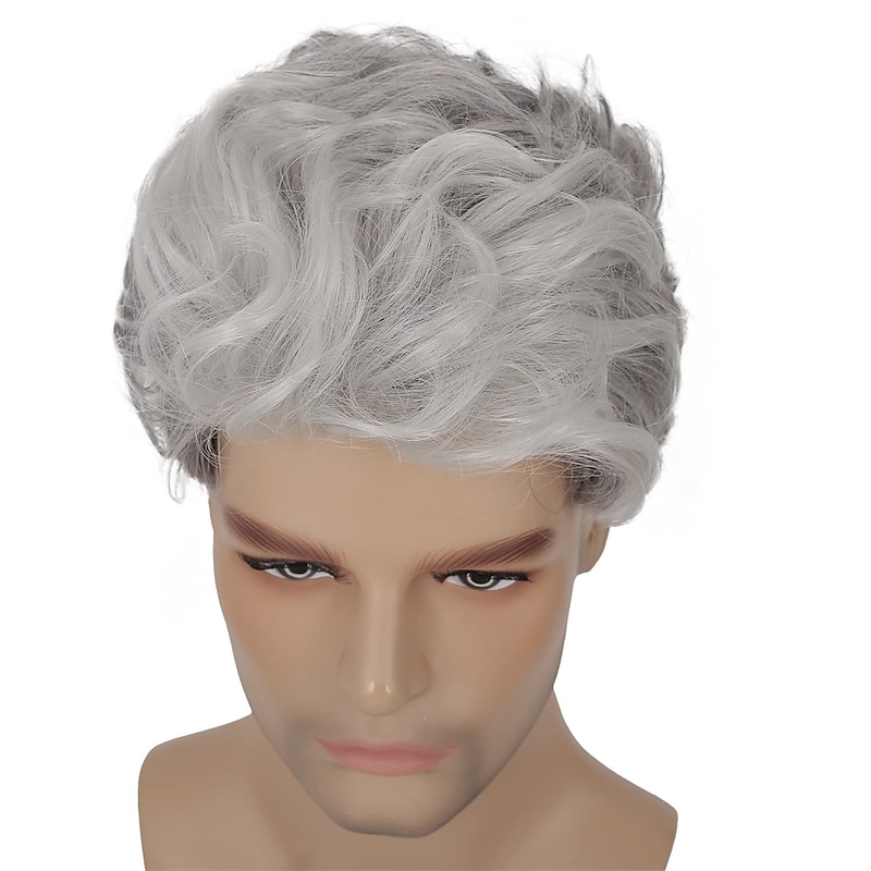 Mens Short Grey Wig Short Curly Gray Wig Synthetic Heat Resistant Hair Replacment Wig for Daily Party Costumes3