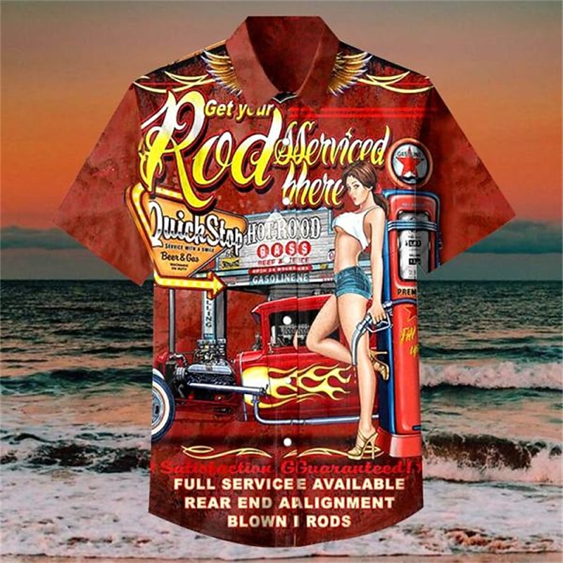 Men's Letter Pin Up Girl Shirt Summer Hawaiian Shirt Aloha Shirt Short Sleeve Shirt Turndown Hawaiian Designer Casual Outdoor Street Casual Red 3D Print S M L