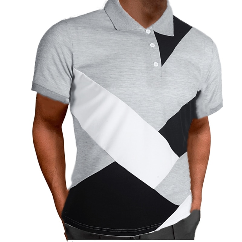 Men's Polo Shirt Golf Shirt Outdoor Work Polo Collar Classic Short Sleeve Casual Patchwork Button Front Summer Spring &  Fall Regular Fit Black White Gray Polo Shirt2
