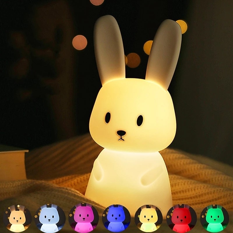 LED Rabbit Night Light Bunny Lamp for Kids Touch Sensor Animal Cartoon Cute Lamp Colorful USB Rechargeable SiliconeGift Nursery Girl Boy Toddler Kawaii Room Decoration Bedroom Bedside Lamp