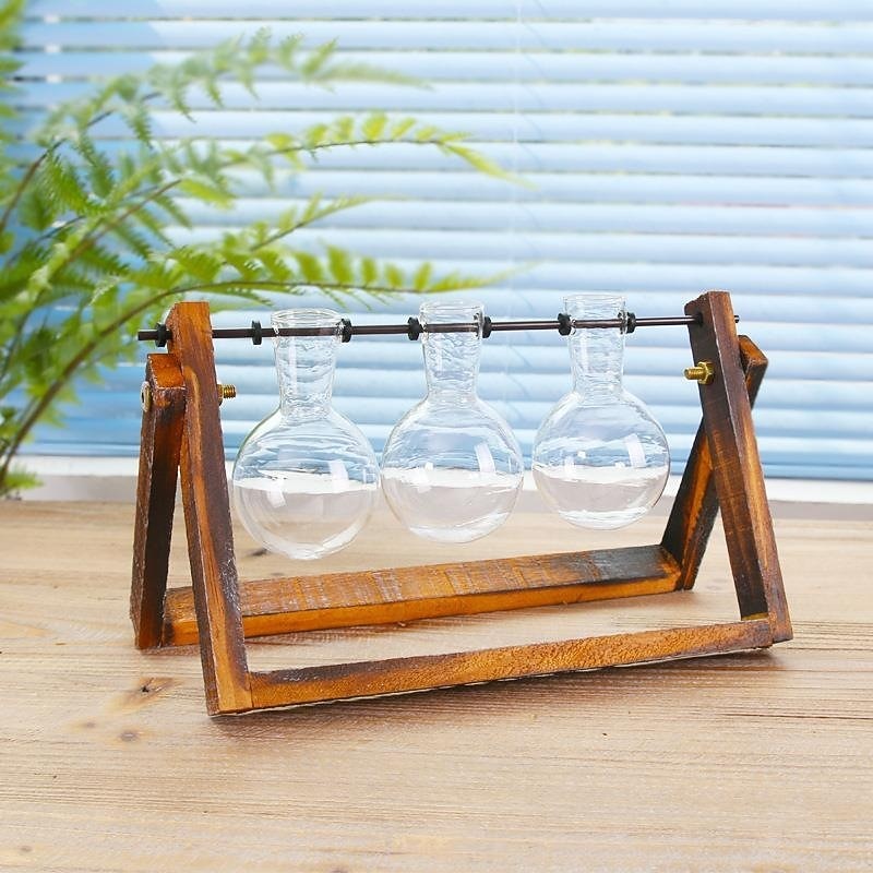 Creative Wooden Frame Glass Vase Tabletop Terrarium Hydroponics Plant Vases Bonsai 3 Transparent Flower Pot with Wooden Tray Home Decor3