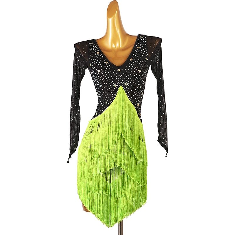 Latin Dance Dress Tassel Crystals / Rhinestones Women's Performance Training Long Sleeve Spandex
