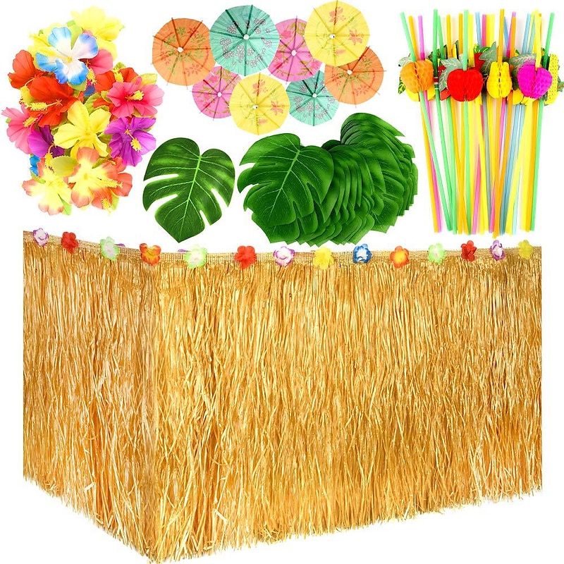 Hawaiian Tropical Party Decorations with Hawaiian Luau Grass Table Skirt Palm Leaves and Hibiscus Flowers (Gold)