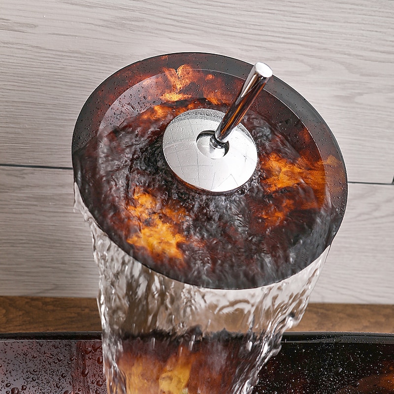 Bathroom Vessel Sink with Faucet Mounting Ring and Pop Up Drain Round Bowl BasinBrown3