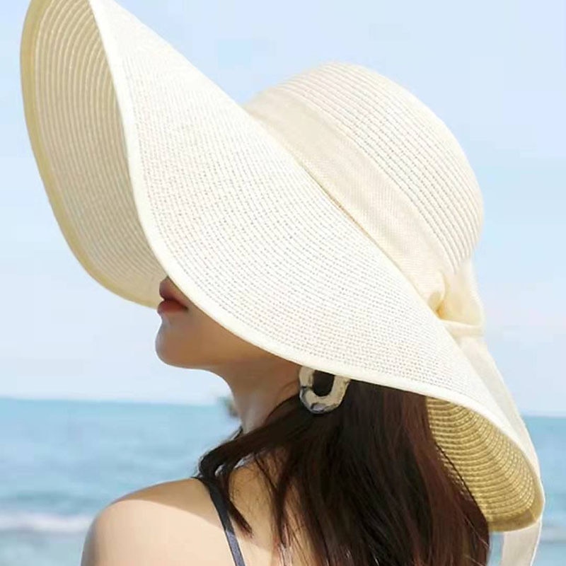 Ladies Summer Ribbon Hats Elegant Straw Hats For Women Beach Seaside Vacation Foldable Sun Hat Sun Floppy Visor 2025 - $15.99
