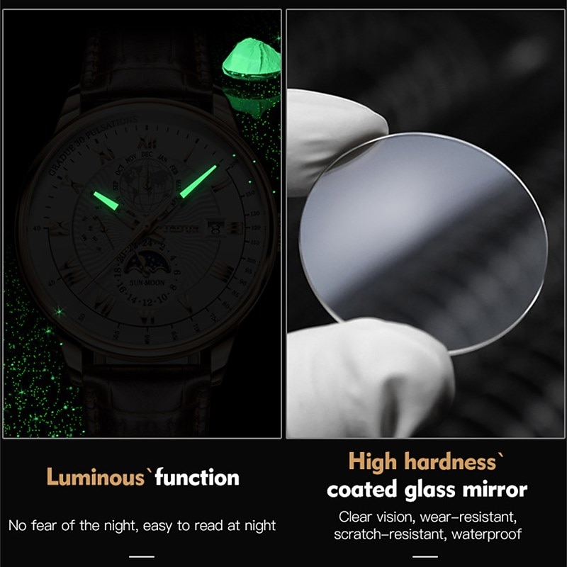 Mechanical Watch for Men Business Luxury Analog Wristwatch CalendarAutomatic Self-winding Moon Phase Waterproof Noctilucent Genuine Leather Watch Gift3