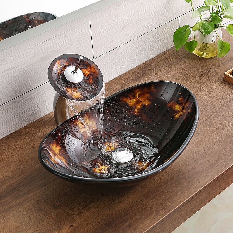 Bathroom Vessel Sink with Faucet Mounting Ring and Pop Up Drain Round Bowl BasinBrown