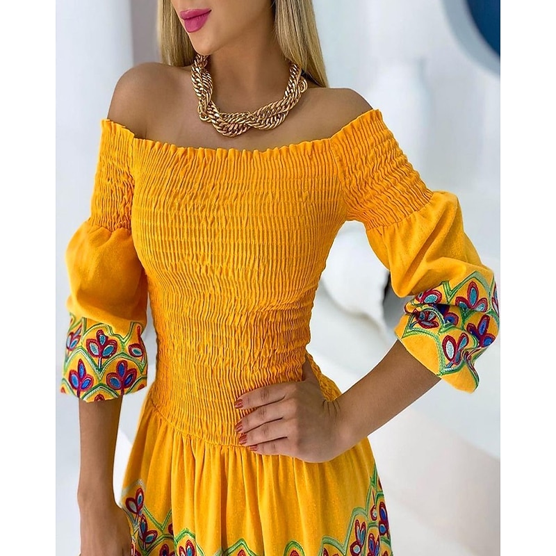 Women's Casual Dress Long Dress Maxi Dress Yellow Half Sleeve Floral Patchwork Fall Spring Autumn Off Shoulder Modern Weekend Slim 2023 S M L XL XXL2