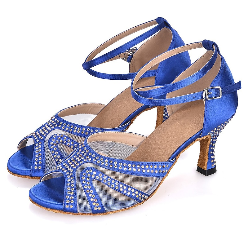 Women's Latin Shoes Salsa Shoes Performance Glitter Crystal Sequined Jeweled Heel Splicing Tulle Flared Heel Ankle Strap Black Red Blue3