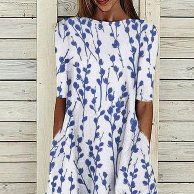 Women's Midi Dress Casual Dress Blue Half Sleeve Print Ruched Spring Summer Crew Neck Casual 2023 S M L XL XXL 3XL2
