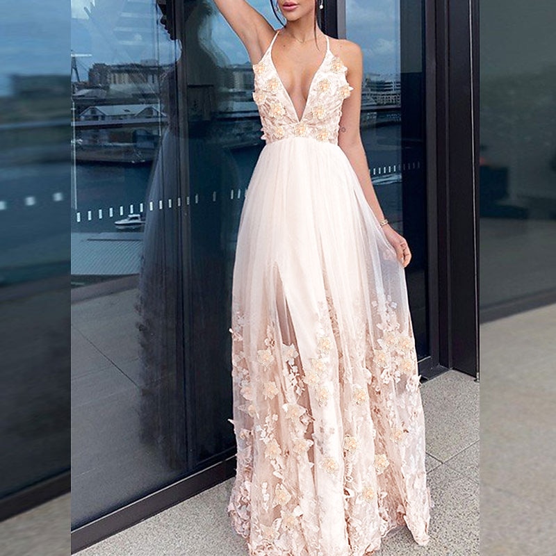 A-Line Evening Gown Floral Dress Wedding Guest Homecoming Floor Length Short Sleeve V Neck Tulle with Draping Appliques2