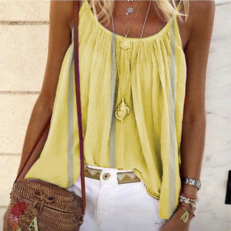 Women's Camisole Tank Top Camisole Summer Tops Yellow Pink Blue Stripes Pleated Holiday Boho Round Neck S2