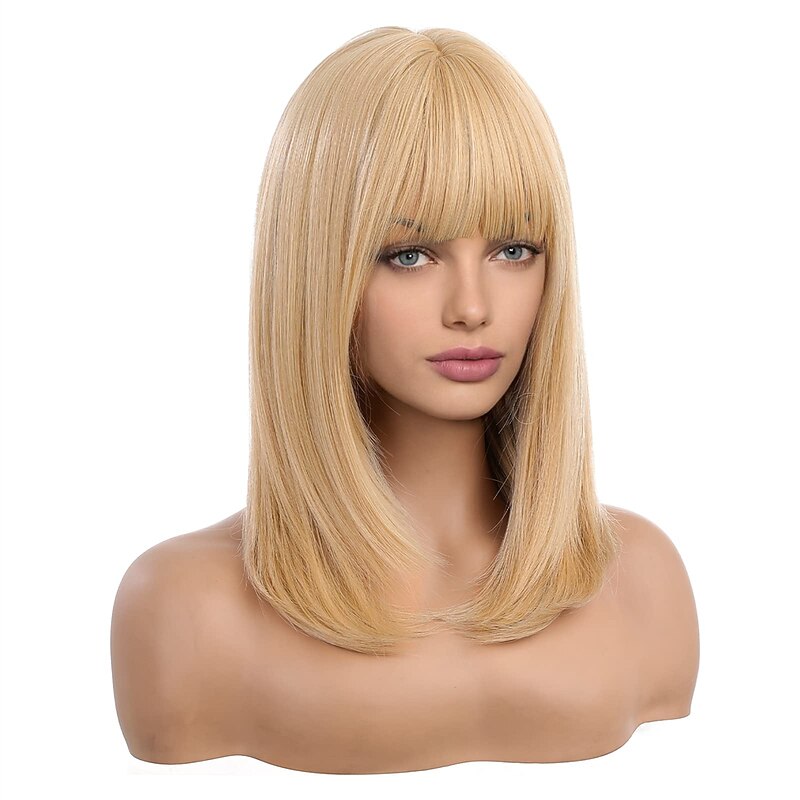 Long Blonde Wigs for Women Layered Ombre Hair wig with Neat Bangs barbiecore Wigs4
