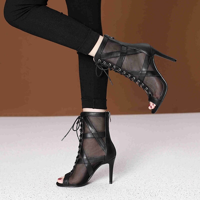 Women's Black Mesh Lace-Up Dance Boots with Open Toe and Stiletto Heel - Ideal for Ballroom and Latin Dance3