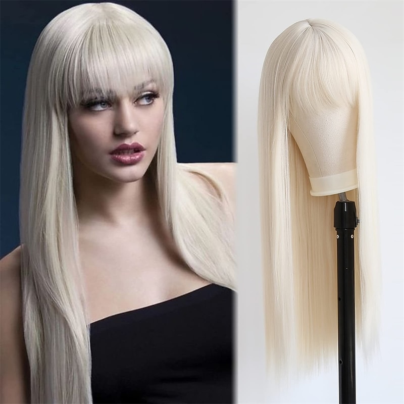 Long Straight Platinum Blonde with Bangs Synthetic None Lace Front Wig for Women Natural Long Straight Middle Part #60 Color Machine Made Cosplay Daily Wear Wig barbiecore Wigs