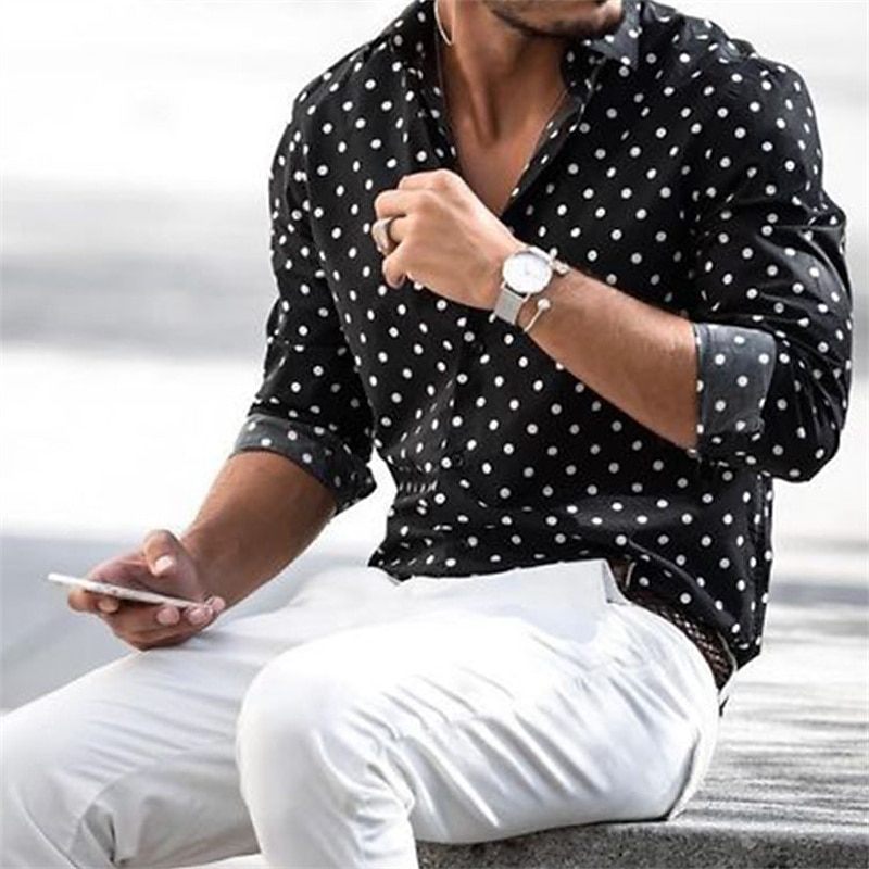 Men's Shirt Summer Shirt Summer Hawaiian Shirt Button Up Shirt Black Pink Long Sleeve Polka Dot Turndown Outdoor Street Button-Down Clothing Apparel Polyester Fashion Casual Breathable Comfortable